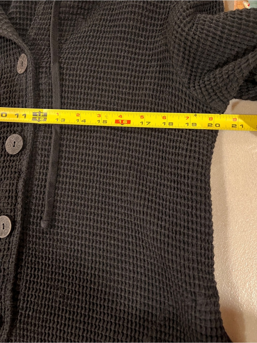 Women's Black Hooded Waffle Knit Button-Front Jacket - Picture 6 of 7